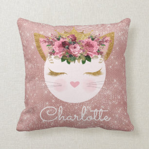 Pink rose gold kitty princess sparkling throw pillow