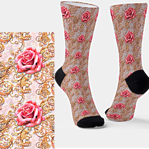 Pink Rose Gold Lace Filigree Roses Socks