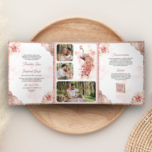 Pink Rose Gold Lace Floral Indian Peacock Wedding Tri_Fold Invitation