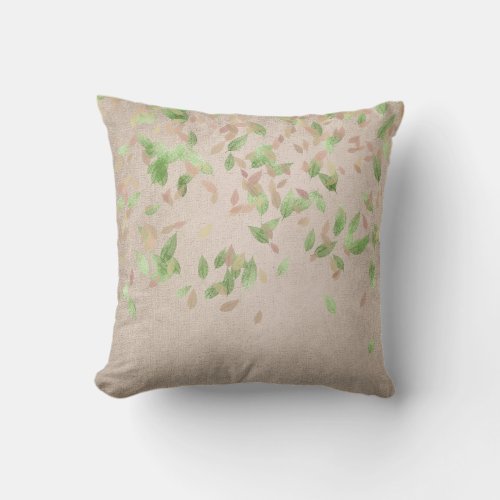 Pink Rose Gold Leafs Mint Green Ivory Linen Throw Pillow