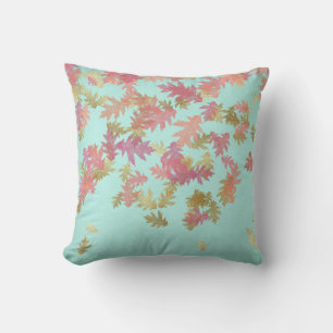 Pink Rose Gold Leafs Mint Green Ivory Linen Throw Pillow