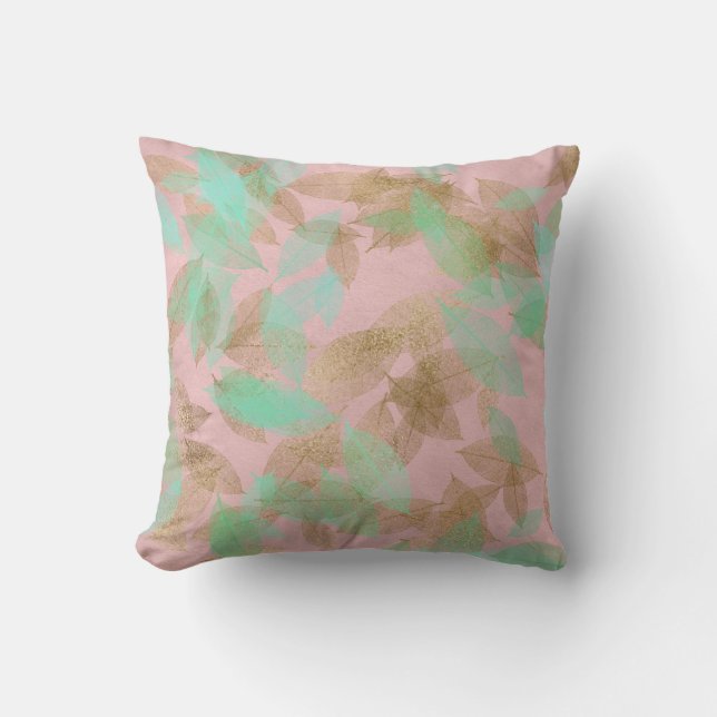 Pink Rose Gold Leafs Mint Green Pastel Throw Pillow (Front)