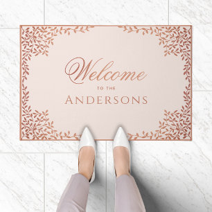 Pink Rose Gold Leaves Elegant Calligraphy Welcome  Doormat
