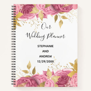 Pink Rose Gold Leaves Elegant Wedding Plans Notebook