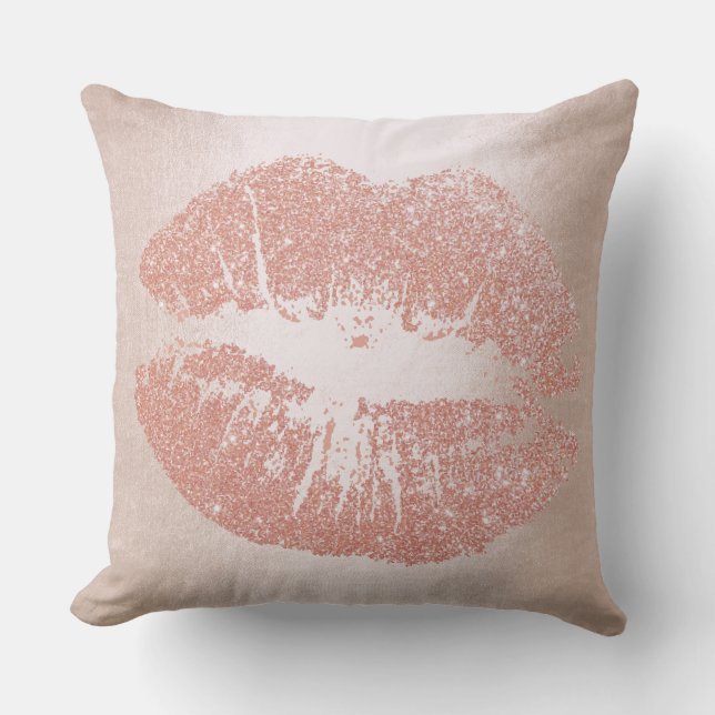 Pink Rose Gold Lips Glitter Blush Sparkly Kiss Throw Pillow (Front)