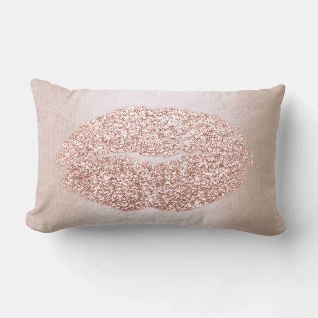 Pink Rose Gold Lips Glitter Girly Makeup Kiss Lumbar Pillow (Front)