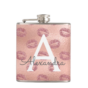Pink Rose Gold Lipstick Kisses Monogram Birthday Hip Flask