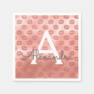 Pink Rose Gold Lipstick Kisses Monogram Birthday Paper Napkins