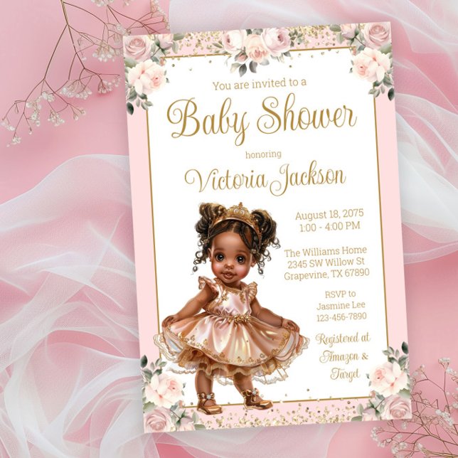 Pink Rose Gold Little Princess Baby Shower Invitation (Sweet little princess with pretty rose gold dress and shoes with delicate watercolor flowers.)