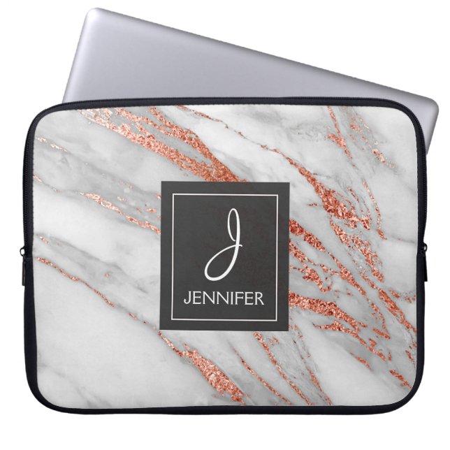 Pink Rose Gold Marble Elegant Monogram Laptop Sleeve (Front)