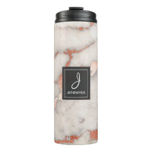 Pink Rose Gold Marble Elegant Monogram Thermal Tumbler