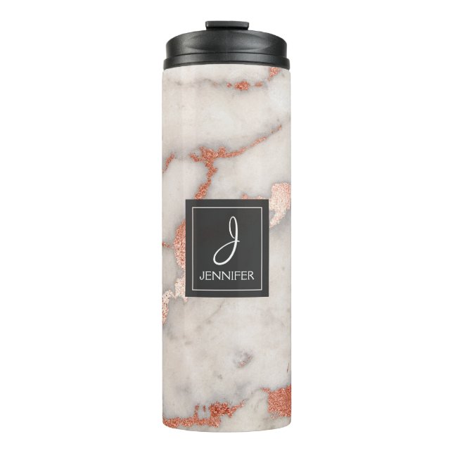 Pink Rose Gold Marble Elegant Monogram Thermal Tumbler (Front)