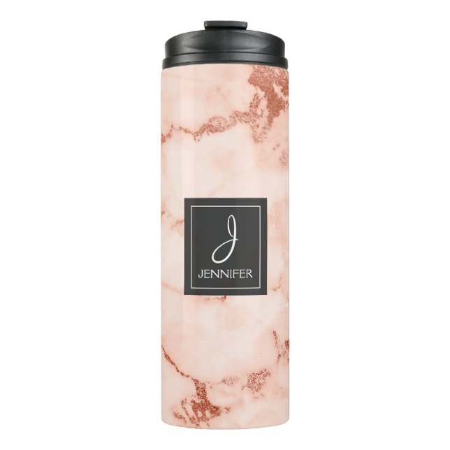 Pink Rose Gold Marble Elegant Monogram Thermal Tumbler (Front)