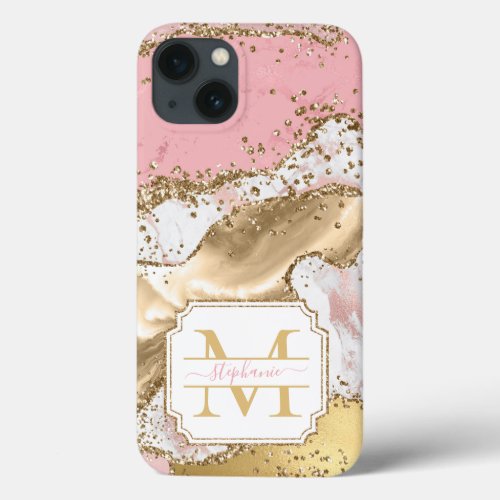 Pink Rose Gold Marble Glitter Agate Personalized iPhone 13 Case