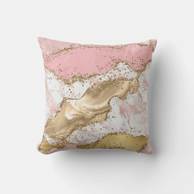 Pink Rose Gold Marble Glitter Glam Agate Throw Pillow (Front)