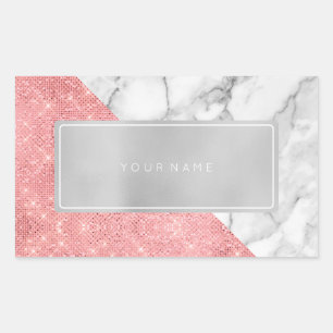 Pink Rose Gold Marble Metallic Rectangular Logo Sticker