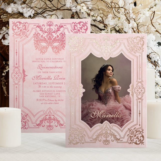 Pink Rose Gold Masquerade Photo Quinceanera Foil Invitation (Creator Uploaded)