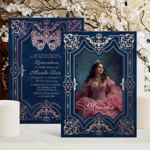 Pink Rose Gold Masquerade Photo Quinceanera Foil Invitation