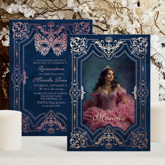 Pink Rose Gold Masquerade Photo Quinceanera Foil Invitation (Creator Uploaded)