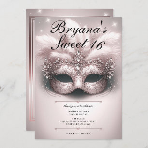 Pink Rose Gold Masquerade Sweet 16 Photo Birthday Invitation