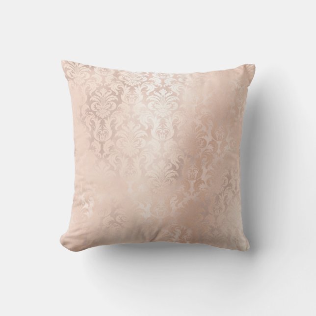 Pink Rose Gold Metallic Damask Royal Antonietta Throw Pillow (Front)