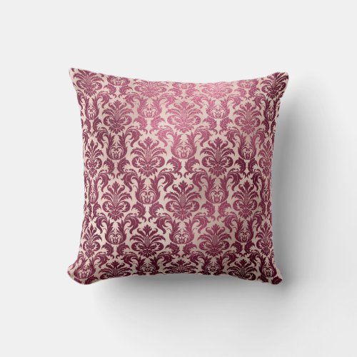 Pink Rose Gold Metallic Damask Royal Burgundy Throw Pillow