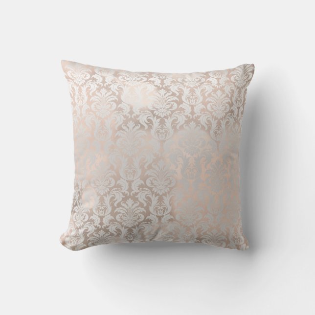 Pink Rose Gold Metallic Damask Royal Gray Grey Throw Pillow (Front)