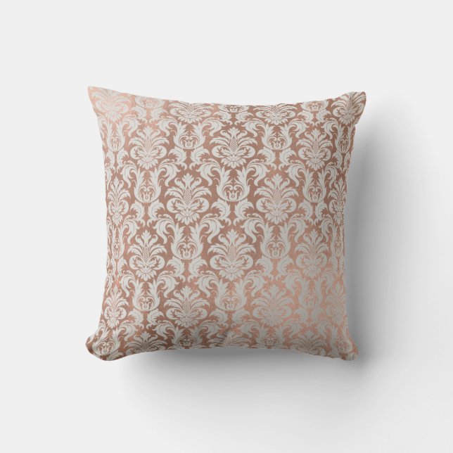 Pink Rose Gold Metallic Damask Royal Gray Throw Pillow (Front)