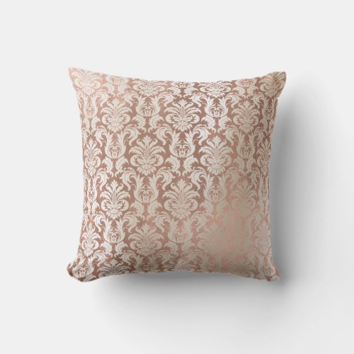 Pink Rose Gold Metallic Damask Royal Ivory Throw Pillow
