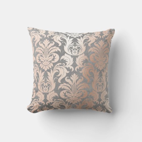 Pink Rose Gold Metallic Damask Silver Gray Lux Throw Pillow