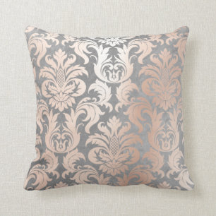 Pink Rose Gold Metallic Damask Silver Gray Lux Throw Pillow