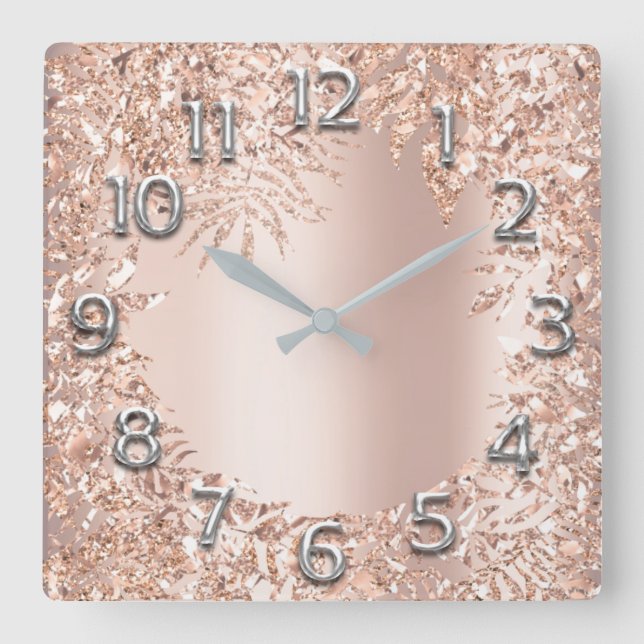 Pink Rose Gold Metallic Floral Glitter Blush Girly Square Wall Clock (Front)