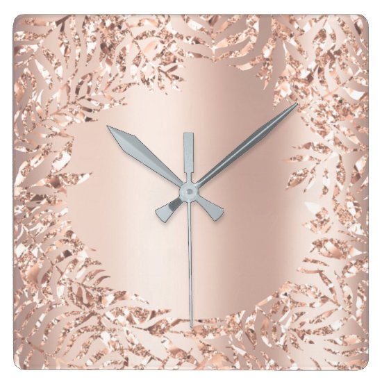 Pink Rose Gold Metallic Floral Glitter Blush Girly Square Wall Clock