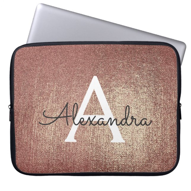 Pink Rose Gold Metallic Foil Glam Monogram Laptop Sleeve (Front)