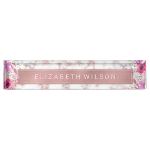 Pink Rose Gold Metallic Foil Marble Floral Luxury Desk Name Plate