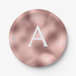 Pink Rose Gold Metallic Foil Monogram Birthday Paper Plates