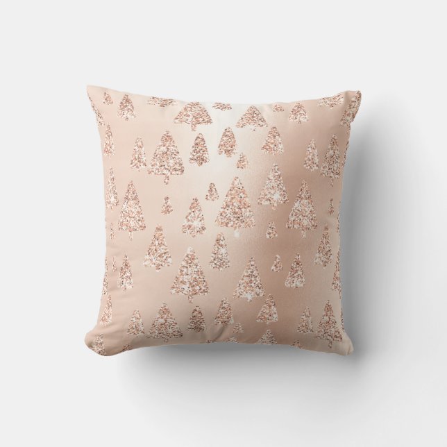 Pink Rose Gold Metallic Glitter Christmas Trees Throw Pillow (Front)