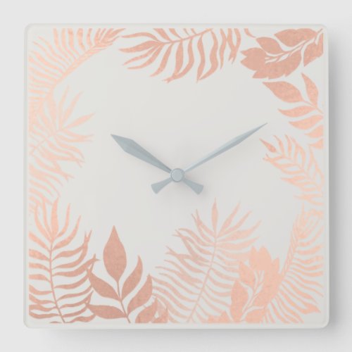 Pink Rose Gold Metallic Grey Palm Botanical Pastel Square Wall Clock