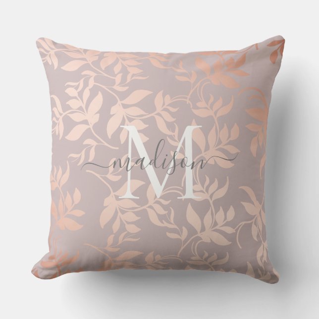 Pink rose gold metallic leaves | powder blush wrap throw pillow (Front)