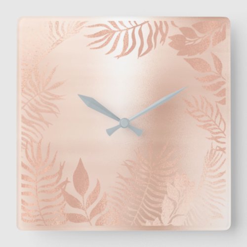 Pink Rose Gold Metallic Palm Botanical Pastel Square Wall Clock
