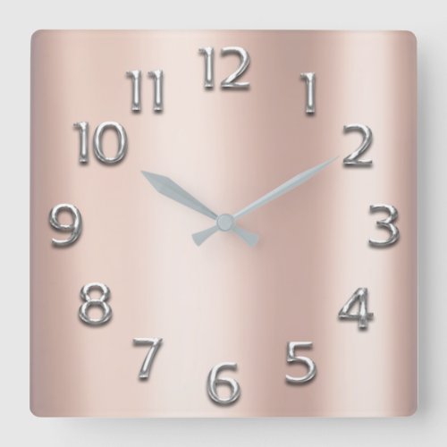 Pink Rose Gold Metallic Silver Gray Blush Girly Square Wall Clock