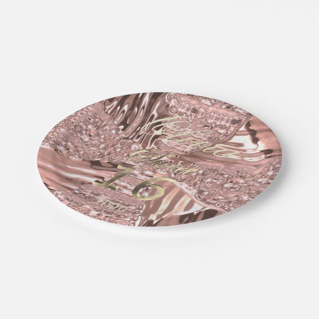 Pink Rose Gold Modern Sweet Sixteen 16th Birthday Paper Plates (Angled)