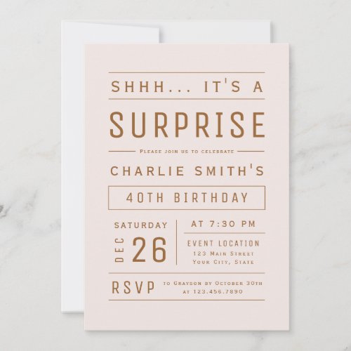 Pink Rose Gold Modern Typography Surprise Birthday Invitation