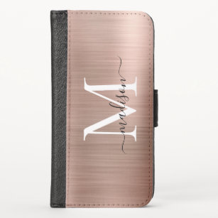 Pink Rose Gold Monogram Elegant Script Chic Metal iPhone X Wallet Case