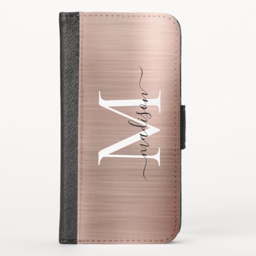 Pink Rose Gold Monogram Elegant Script Chic Metal iPhone X Wallet Case