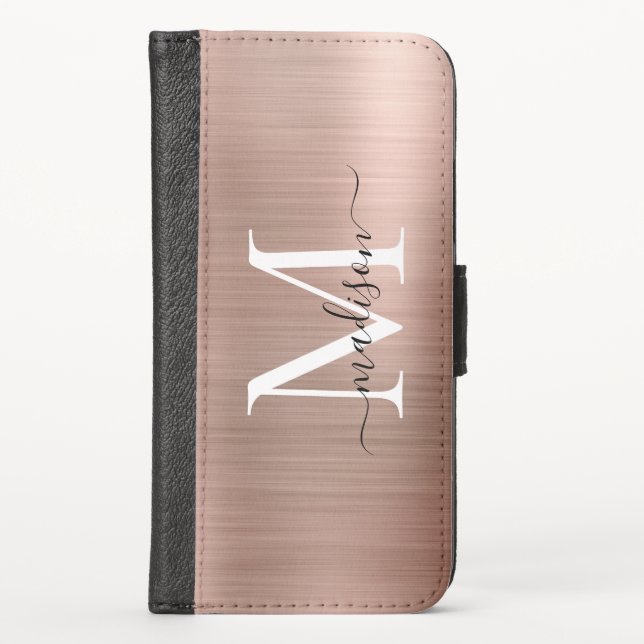 Pink Rose Gold Monogram Elegant Script Chic Metal iPhone Wallet Case (Front)