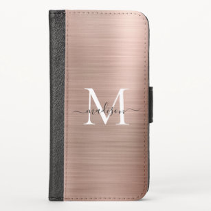 Pink Rose Gold Monogram Elegant Script Glam Metal iPhone X Wallet Case