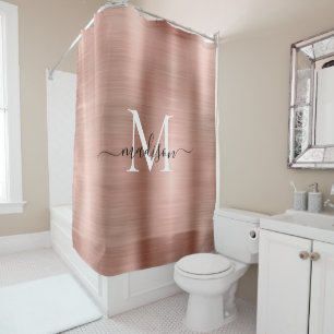 Pink Rose Gold Monogram Feminine Script Glam Metal Shower Curtain