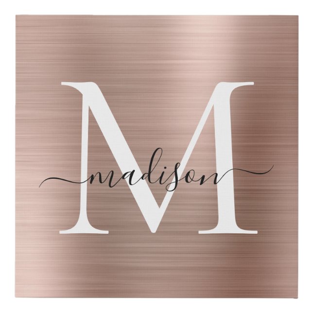 Pink Rose Gold Monogram Girly Script Brushed Metal Faux Canvas Print (Front)