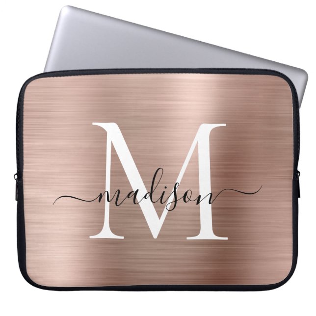 Pink Rose Gold Monogram Girly Script Brushed Metal Laptop Sleeve (Front)